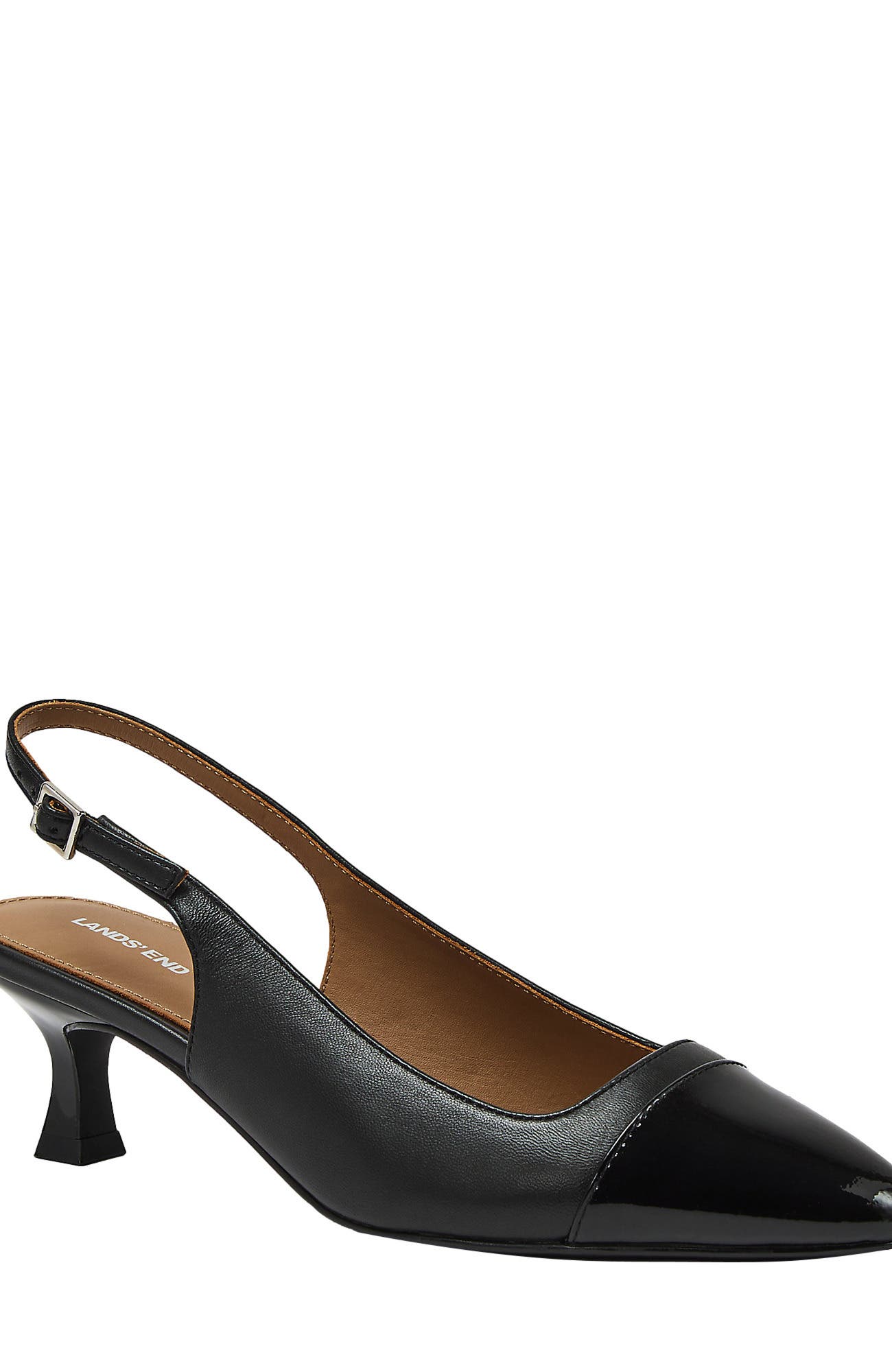 Lands
 End Leather Slingback Cap Toe Kitten Heels, Main, color, Black