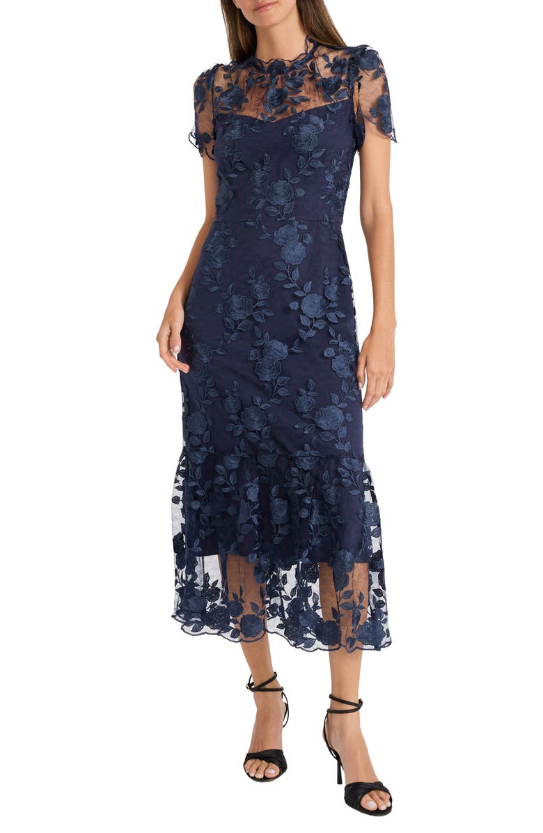 Maggy London Embroidered Floral Overlay Cocktail Dress, Main, color, Twilight Navy