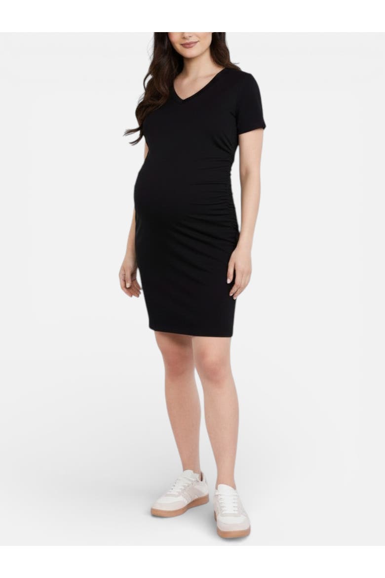V-Neck Short Sleeve Side Ruched Bodycon Mini Dress, Main, color, Black