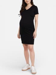 MOTHERHOOD MATERNITY V-Neck Short Sleeve Side Ruched Bodycon Mini Dress