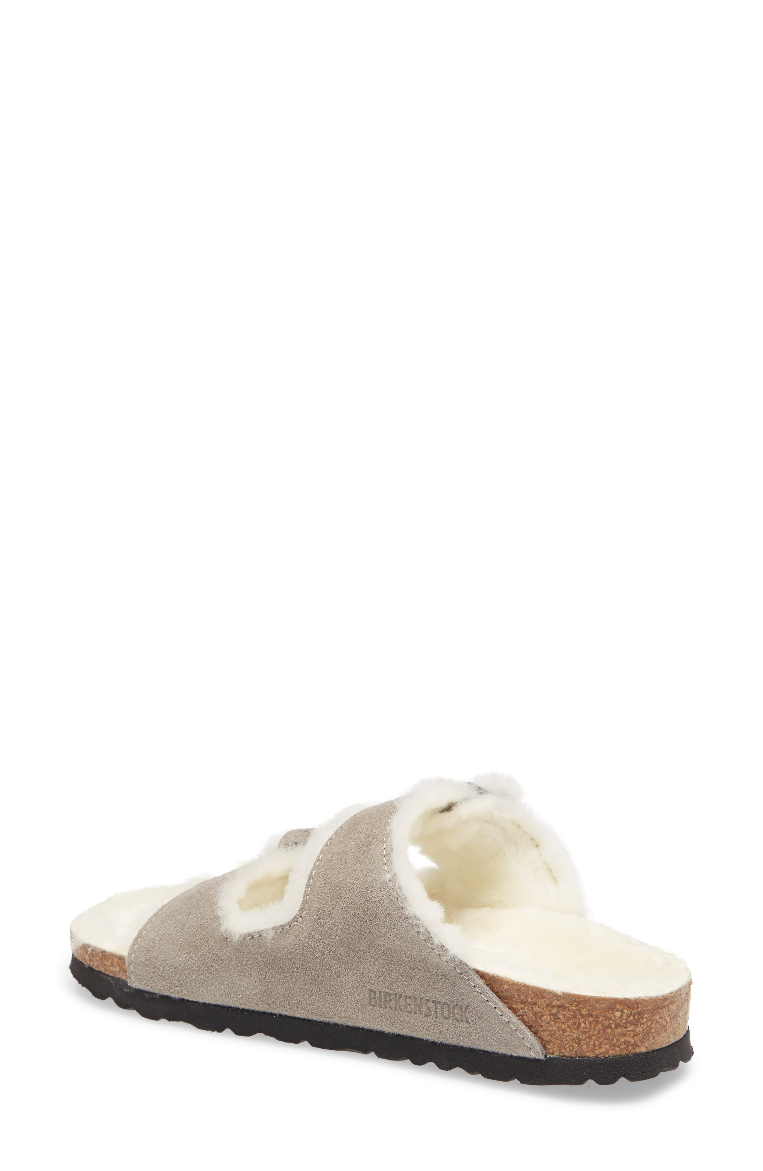 Birkenstock Arizona Genuine Shearling Slide Sandal, Alternate, color, Stone Coin Suede