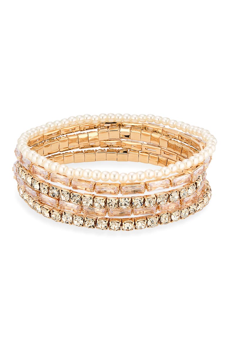 Set of 5 Faux Pearl & Crystal Stretch Bracelets, Main, color, GOLD/ PINK MULTI