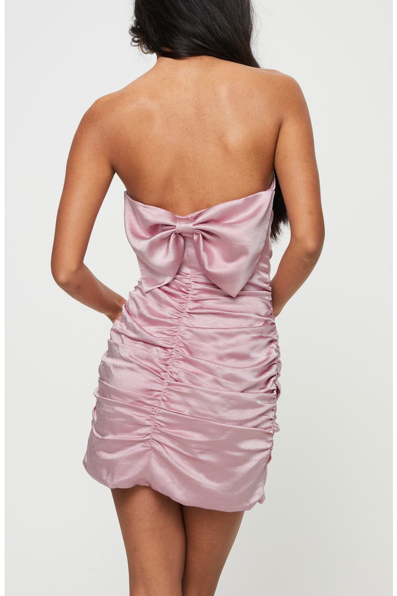 Shaila Bow Ruched Strapless Satin Minidress, Alternate, color, PINK