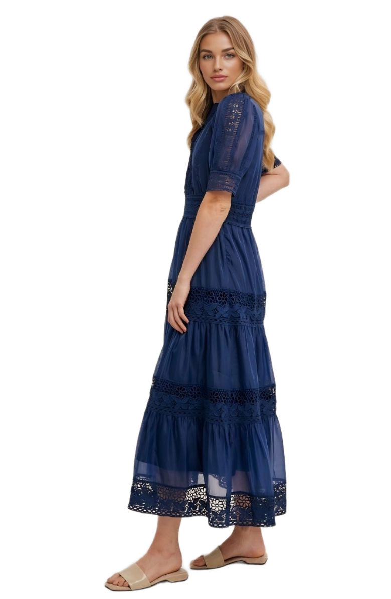 Knit and Lounge Lace Pintuck Tiered Midi Dress, Alternate, color, Navy