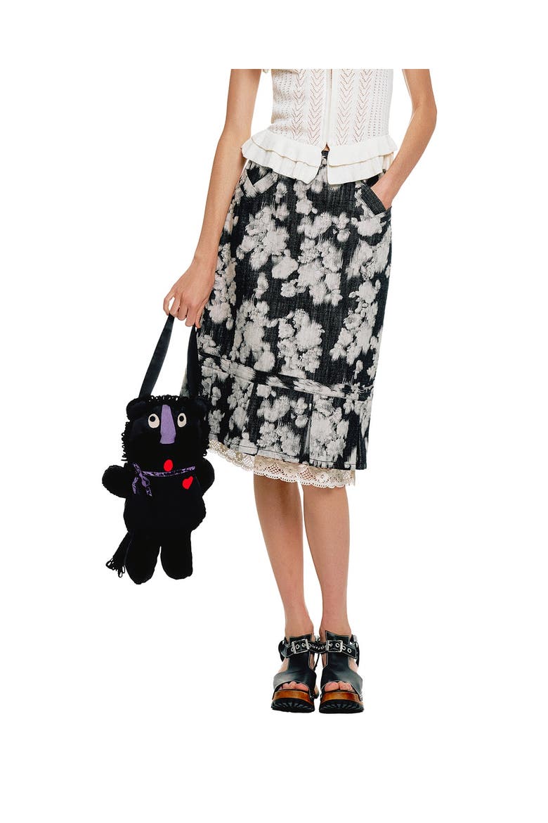 Rose Illusion Denim Lace Trimmed Skirt, Main, color, Black
