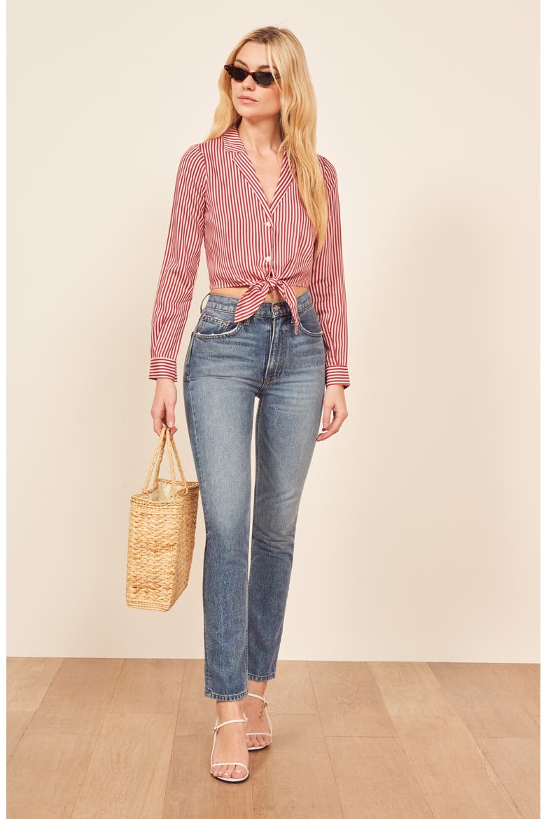 Alexis Tie Front Top, Alternate, color, CHRISTOPHER STRIPE