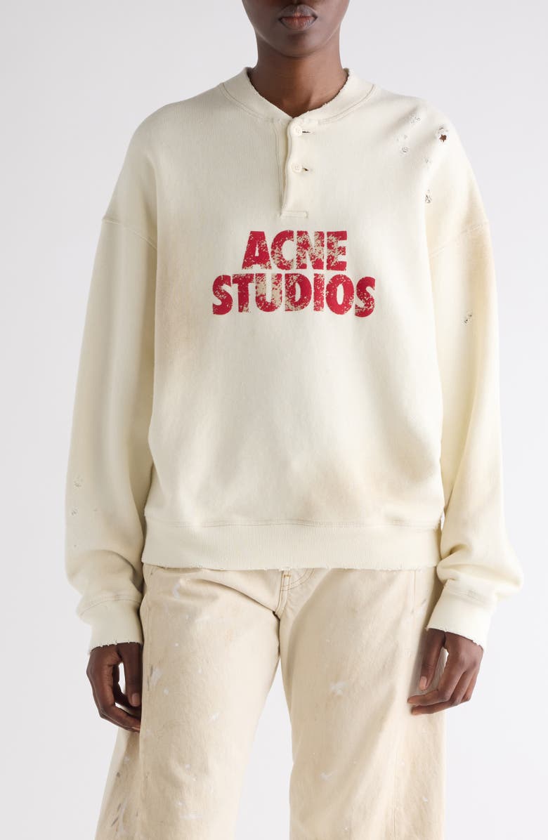 Acne Studios Logo Distressed Cotton Fleece Henley Sweatshirt, Main, color, Off White