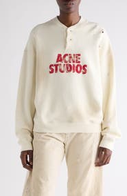 Acne Studios Logo Distressed Cotton Fleece Henley Sweatshirt