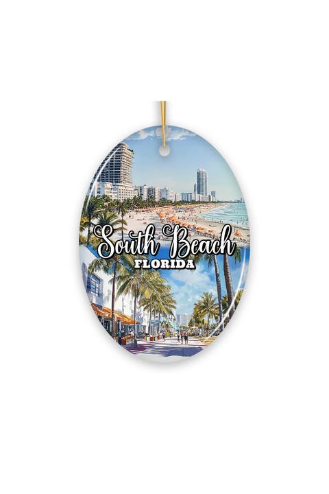 South Beach Florida Watercolor Collage Oval Ornament