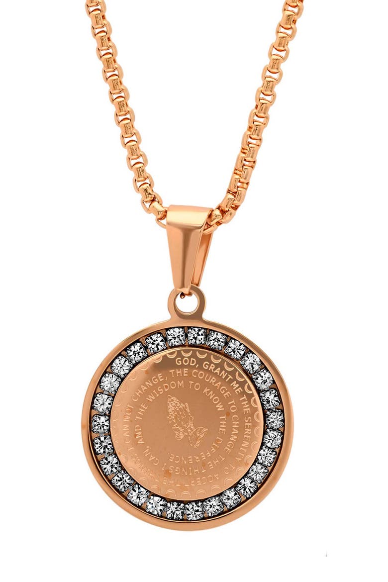 18K Gold Plated Serenity Prayer & Simulated Diamond Round Pendant Necklace, Main, color, ROSE GOLD