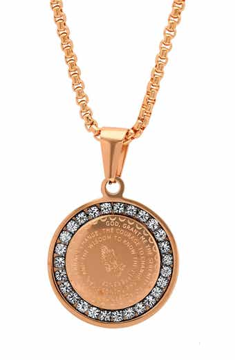 18K Gold Plated Serenity Prayer & Simulated Diamond Round Pendant Necklace