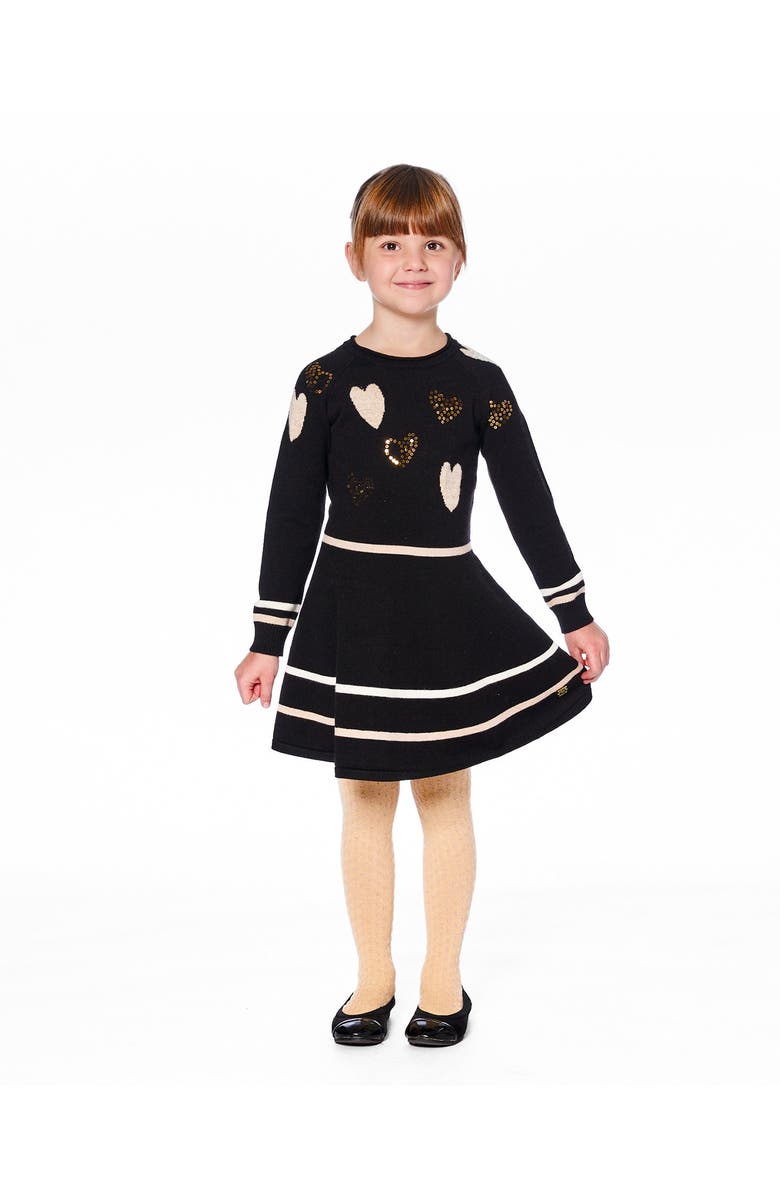 Deux par Deux Knit Dress with Glittery Heart Motifs, Main, color, Black