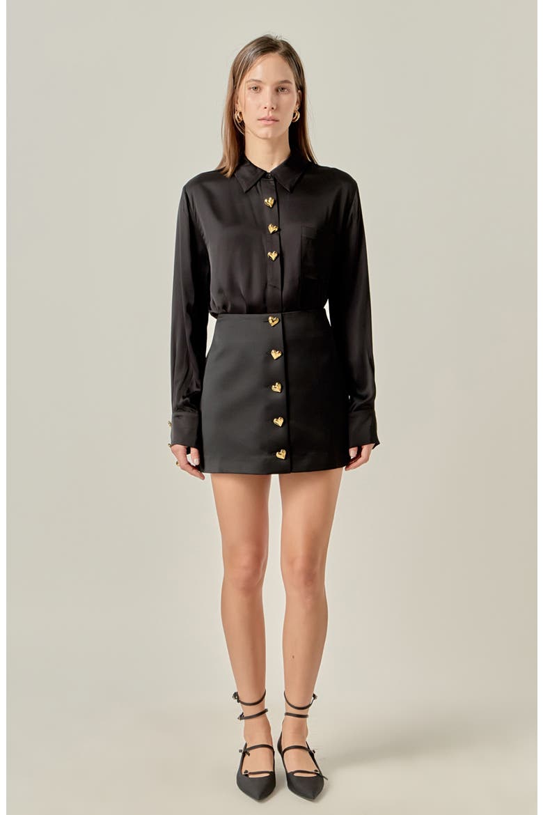 Heart Button Up Satin Shirt, Alternate, color, BLACK
