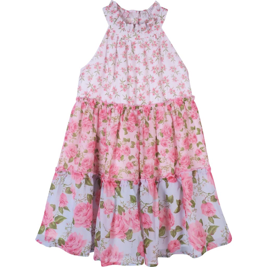 Zunie Kids' Halter Neck Tiered Floral Print Dress In Pink Multi