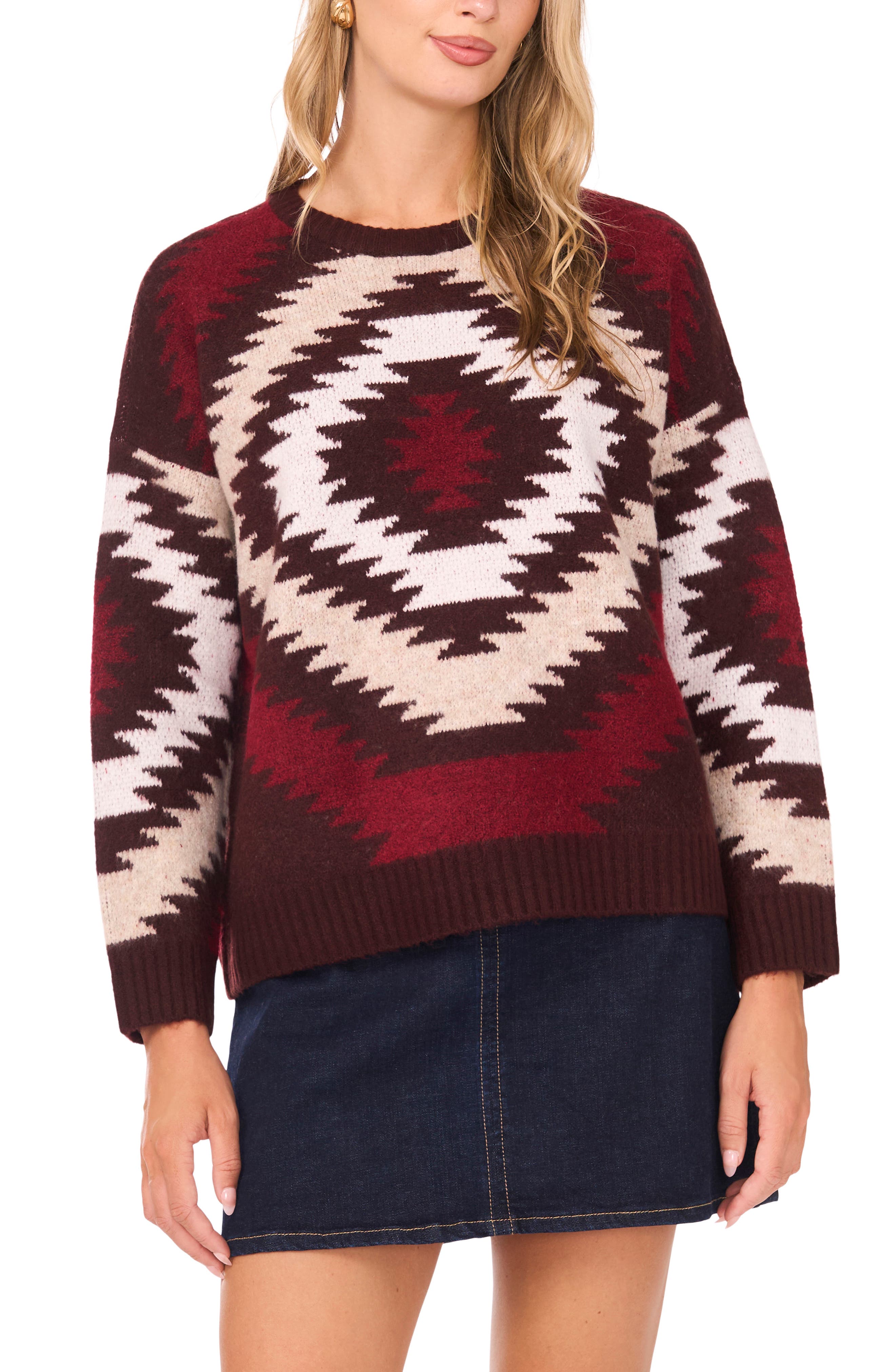 Vince Camuto Geo Pattern Drop Shoulder Sweater