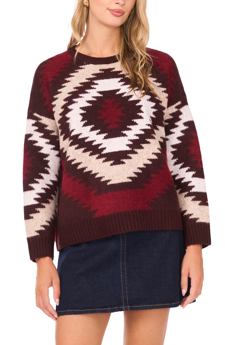 Vince Camuto Geo Pattern Drop Shoulder Sweater, Main, color, Port