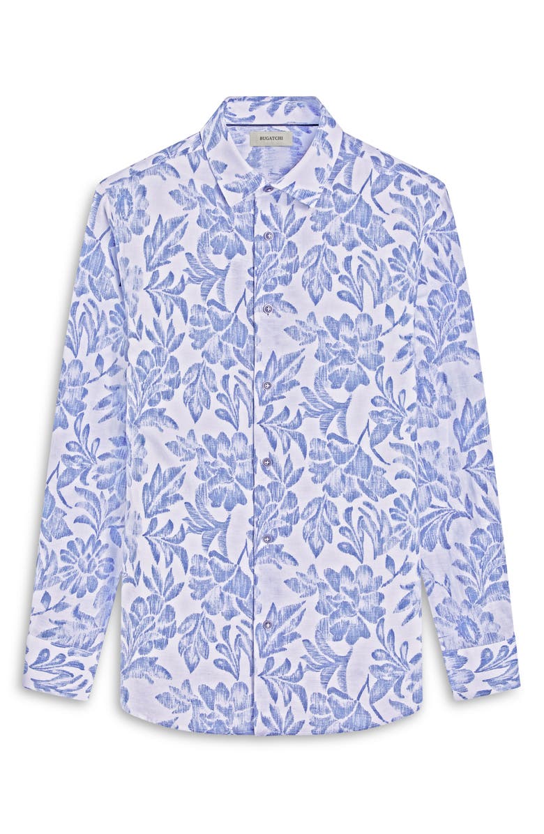 Bugatchi Julian Shaped Fit Linen Blend Button-Up Shirt, Alternate, color, Cobalt