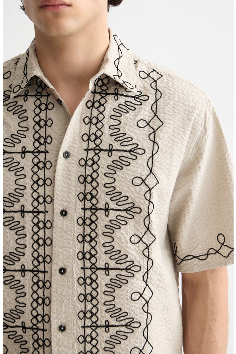 Oversize Embroidered Short Sleeve Cotton Seersucker Button-Up Shirt, Alternate, color, PLAZA TAUPE