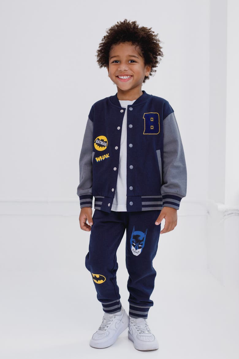 Justice League Fleece Varsity Jacket and Pants Set, Alternate, color, Navy Grey Batman