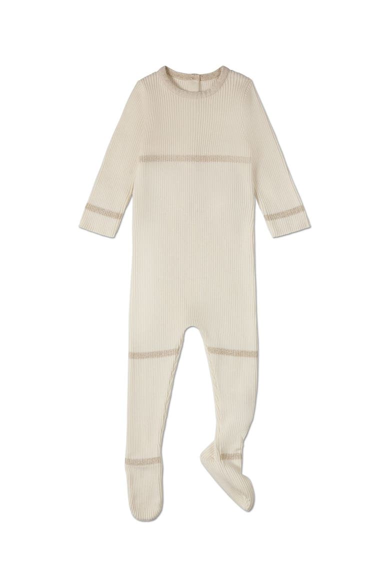 Baby Gold Lurex Trimmed Ribbed Cotton Footie, Main, color, Winter White