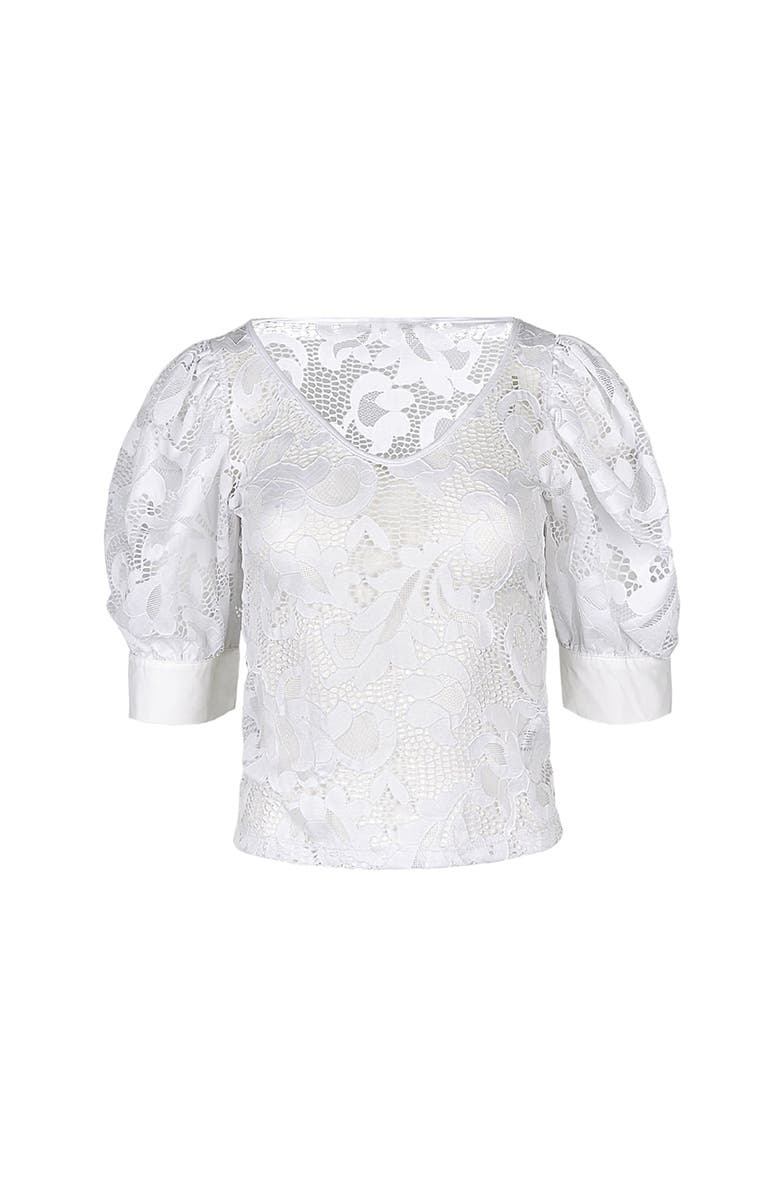 Anne Fontaine Women's  Katia White V-Neck Top With Sheer Mesh Sleeves, Main, color, White