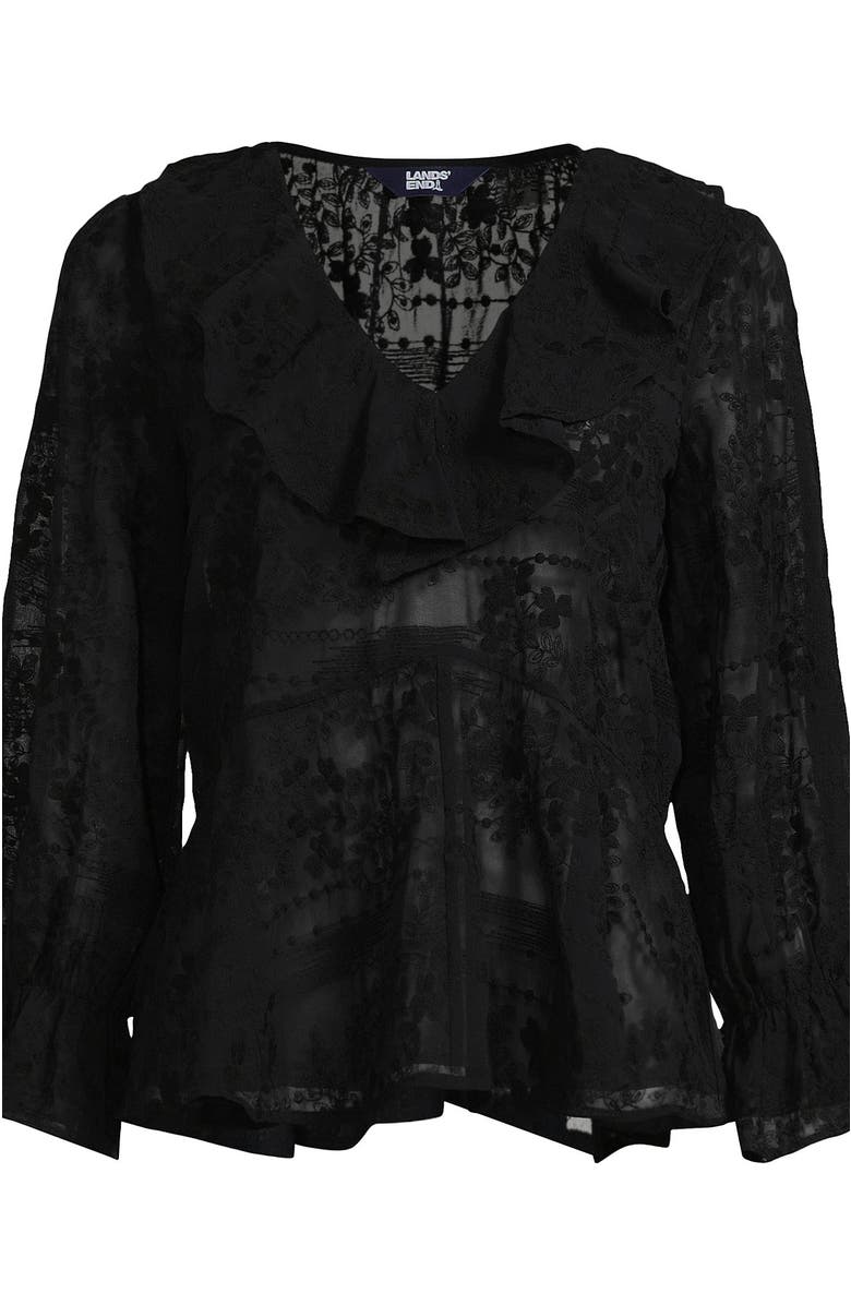 Lands' End Feminine Ruffle Chiffon V Neck Blouse, Alternate, color, Black
