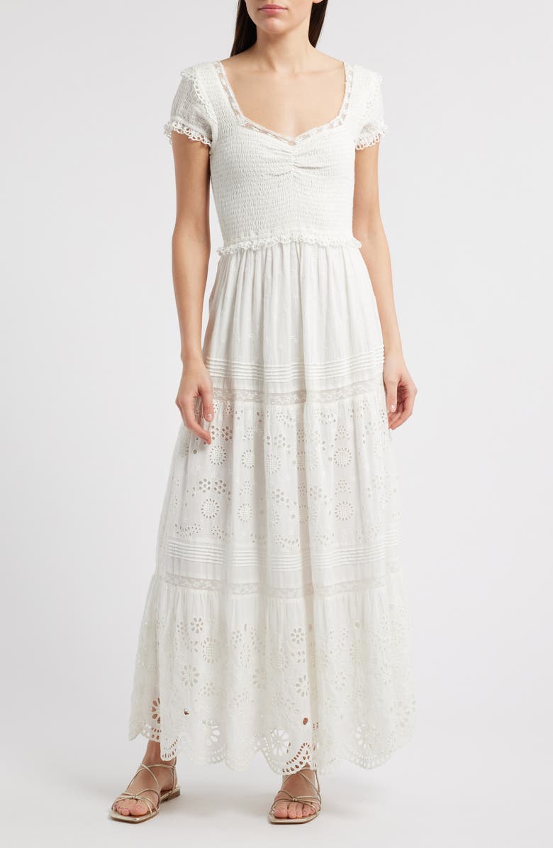 LoveShackFancy Bisolet Lace Trim Tiered Sundress, Main, color, Optic White