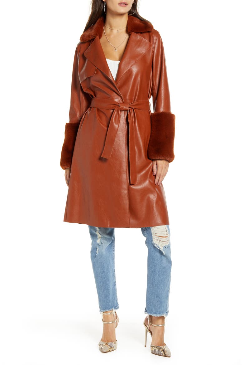 Faux Leather Coat with Faux Fur Trim, Main, color, RUST + RUST FAUX FUR