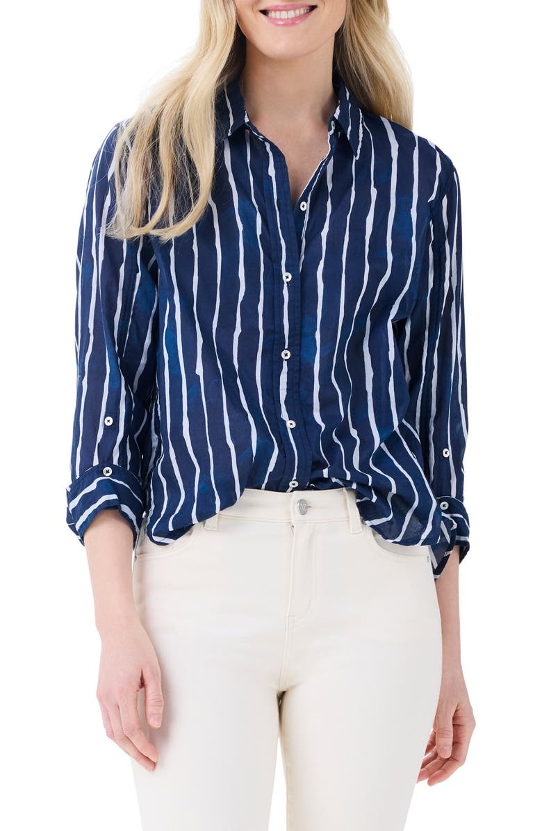 NIC+ZOE Watercolor Stripe Girlfriend Cotton Button-Up Shirt, Main, color, Indigo Multi