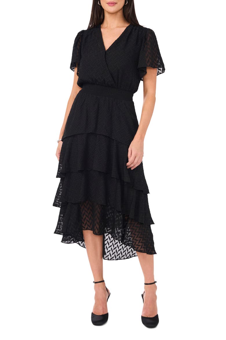 Four Tiered Flutter Sleeve Chiffon Midi Dress, Main, color, RICH BLACK