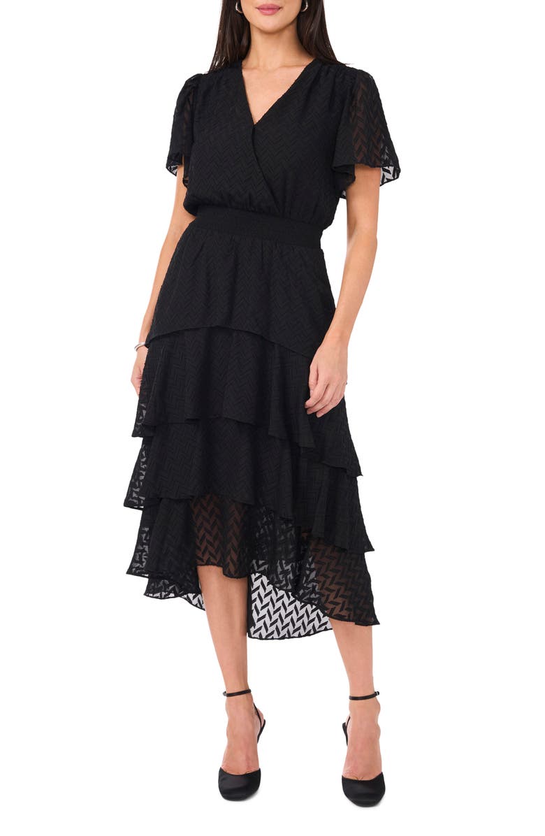 Vince Camuto Four Tiered Flutter Sleeve Chiffon Midi Dress, Main, color, Rich Black