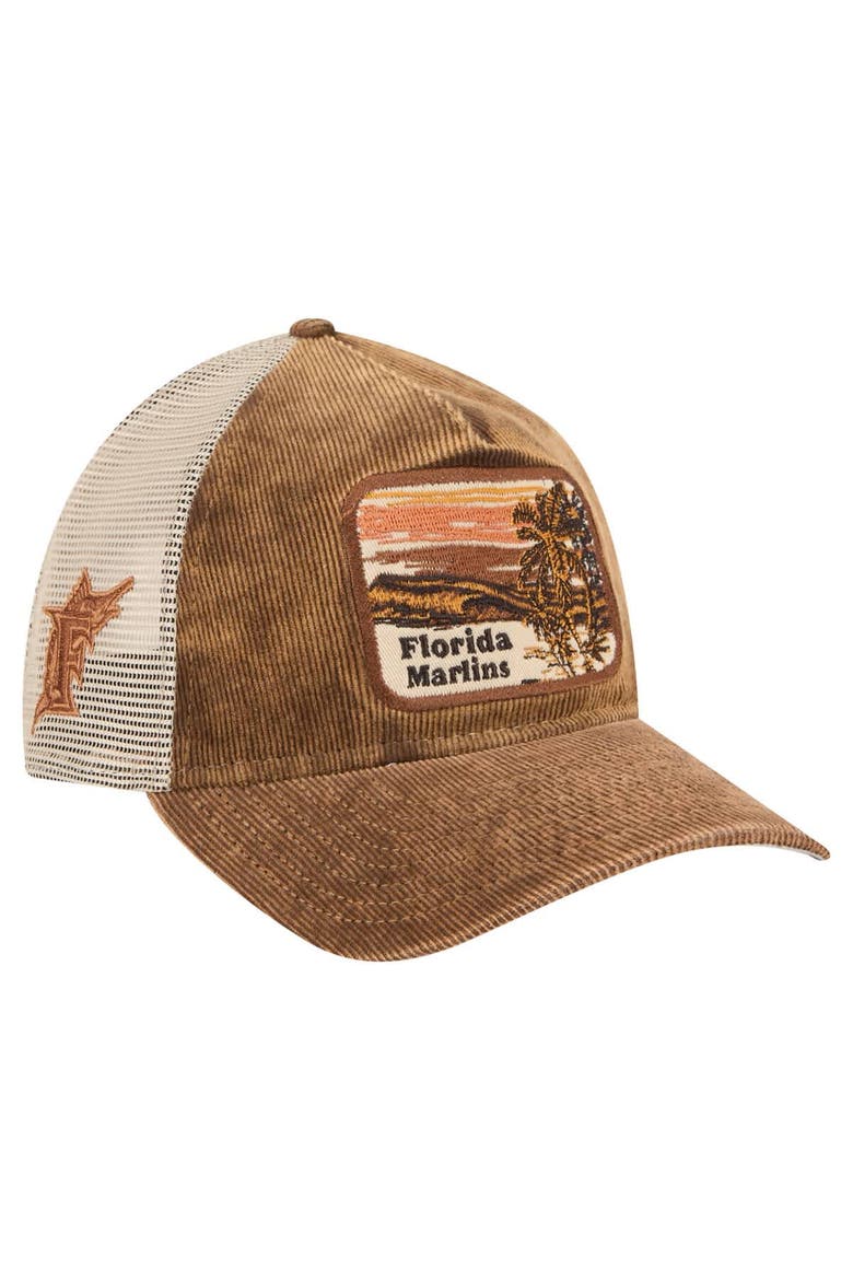 Men's New Era Dark Brown Florida Marlins Vintage Landscape 9TWENTY A-Frame Adjustable Trucker Hat, Main, color, Dark Brown