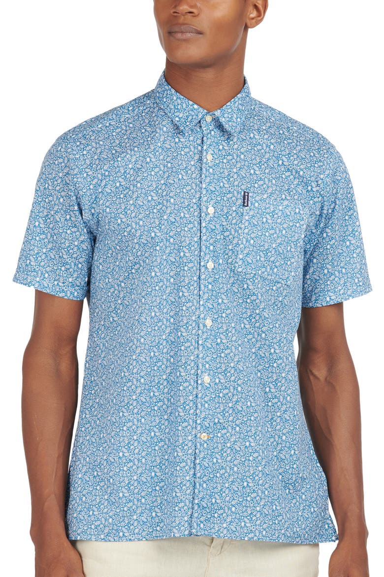 Summer Print Short Sleeve Button-Up Shirt, Main, color, BLUE