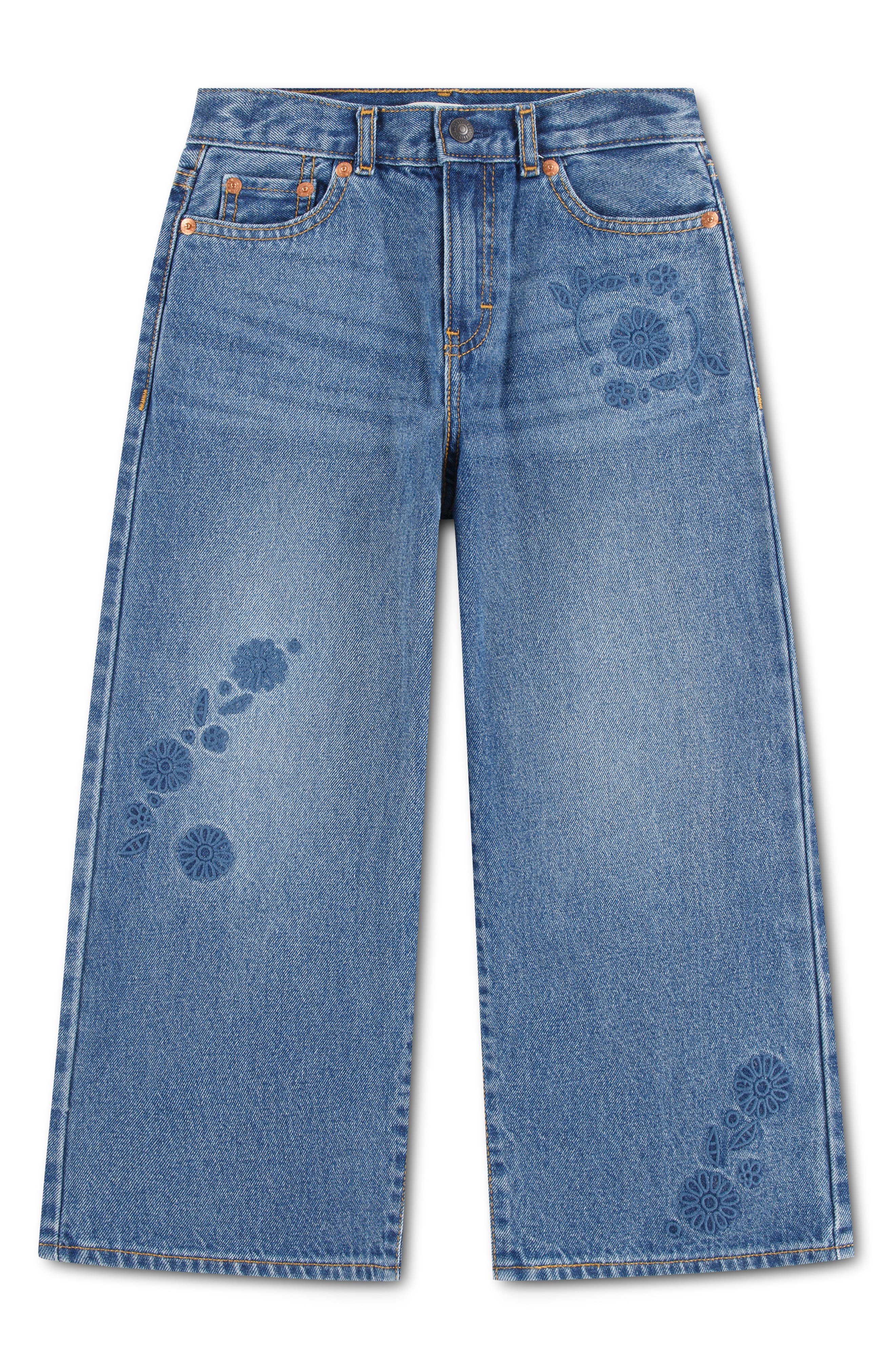 Kids' Embroidered High Waist Baggy Wide Leg Jeans