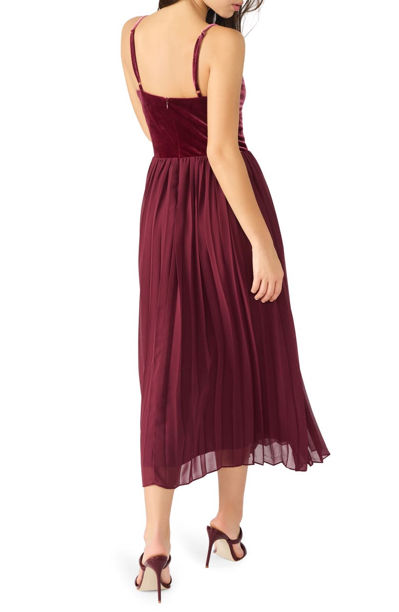 Steve Madden Estrella Velvet Bodice Pleated Midi Dress, Alternate, color, Wine