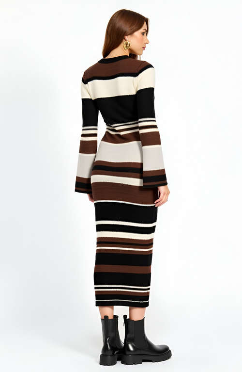 Modenaire Striped Long Sleeve Knit Midi Dress With Flared Cuff Detail In Multi
