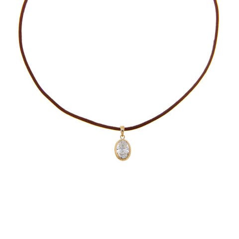 Lab Grown Diamond Oval Bezel Brown Leather Chain Necklace 14K
