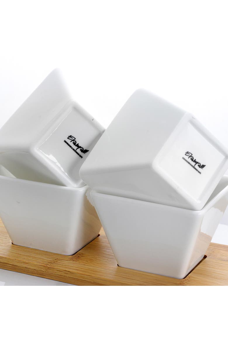 Modern 5pc Appetizer and Condiment Server with 4  Serving Dishes and a Wood Serving Black, Alternate, color, White