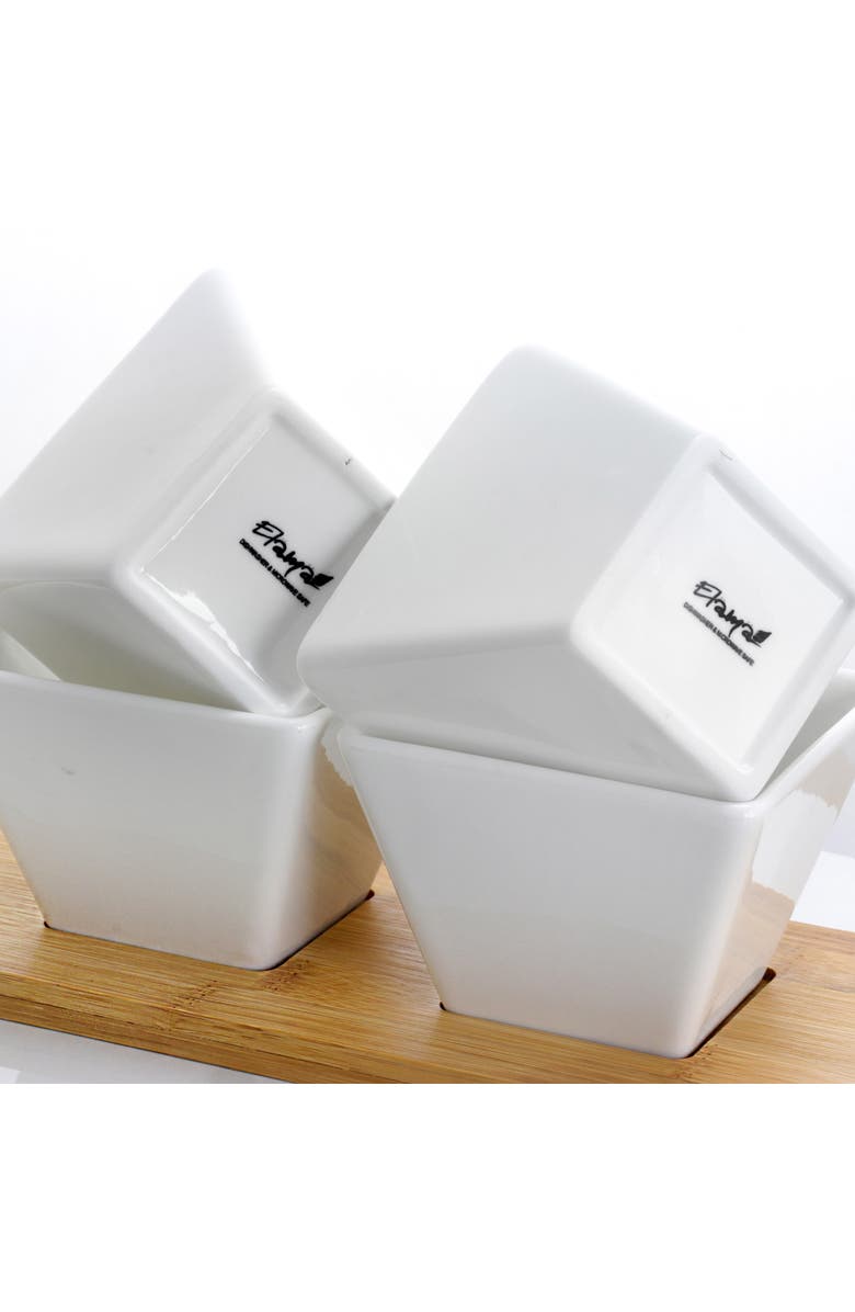 Elama Signature Modern 5pc Appetizer and Condiment Server with 4 Serving Dishes and a Wood Serving Black, Alternate, color, White
