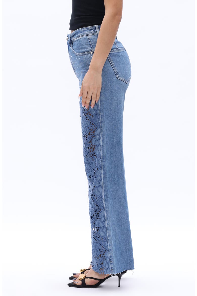 High Waist Floral Embroidered Raw Hem Wide Leg Jeans, Alternate, color, MEDIUM BLUE