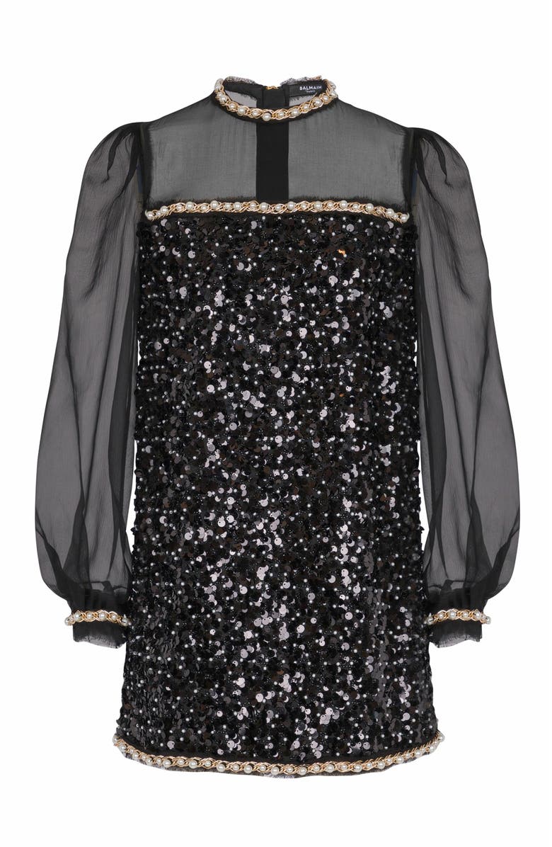 Balmain Chiffon And Beaded Sequin Dress, Main, color, Black