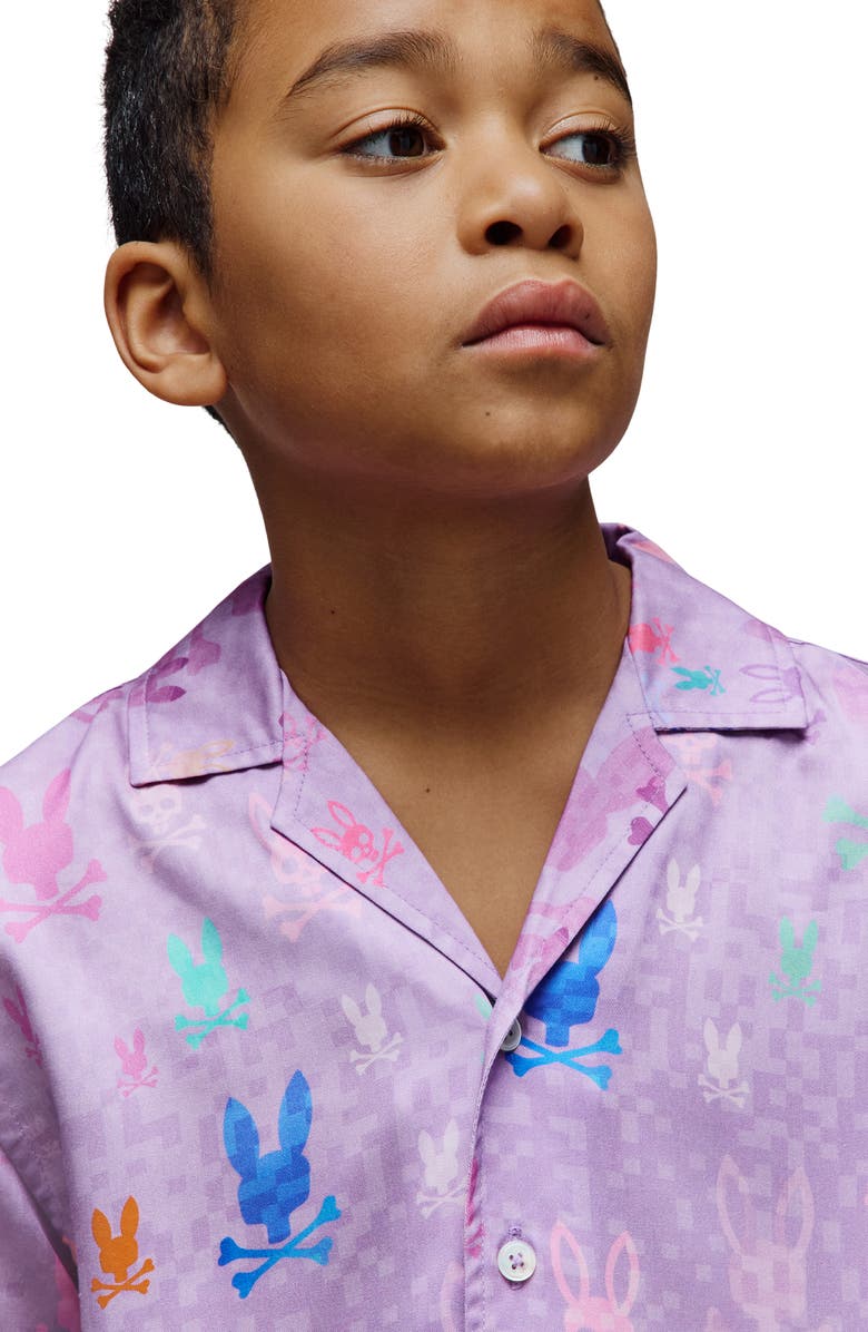 Psycho Bunny Kids' Bunny Print Camp Shirt, Alternate, color, Lavendula