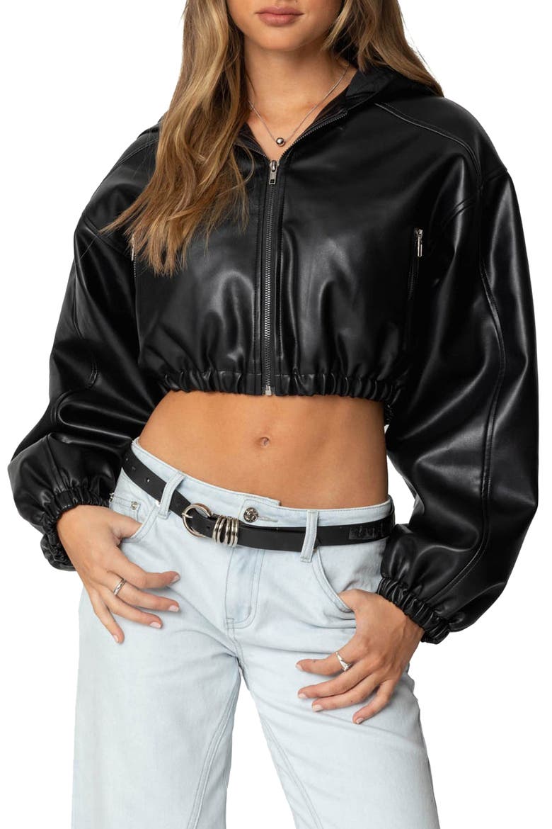 Crop Faux Leather Hooded Jacket, Main, color, BLACK