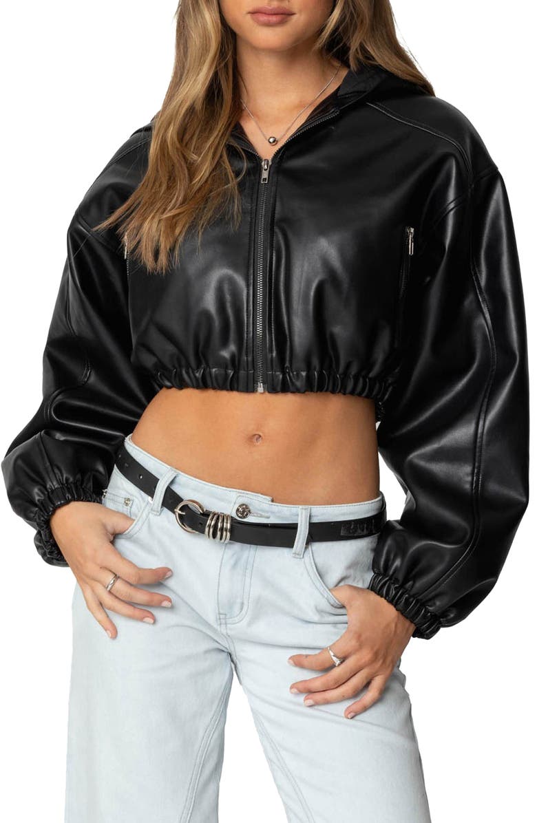 EDIKTED Crop Faux Leather Hooded Jacket, Main, color, Black