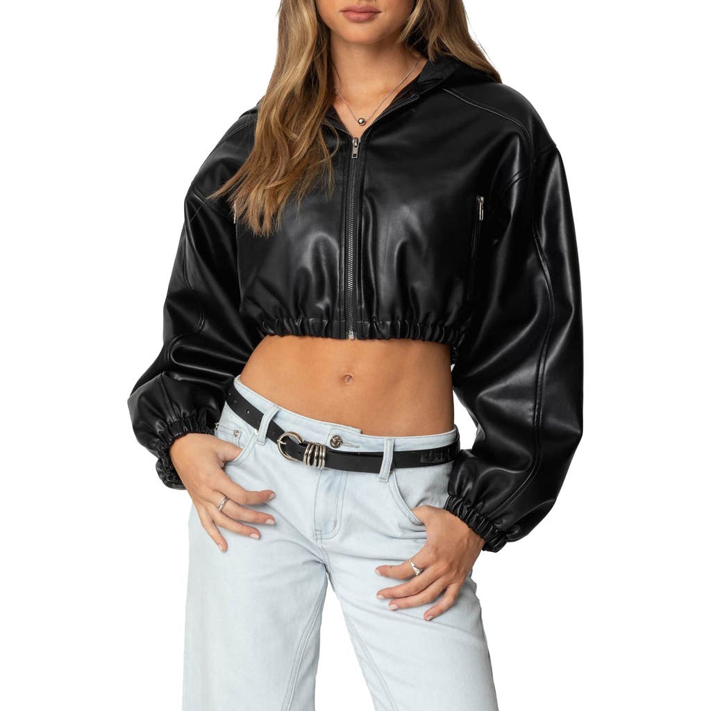 Edikted Crop Faux Leather Hooded Jacket In Black