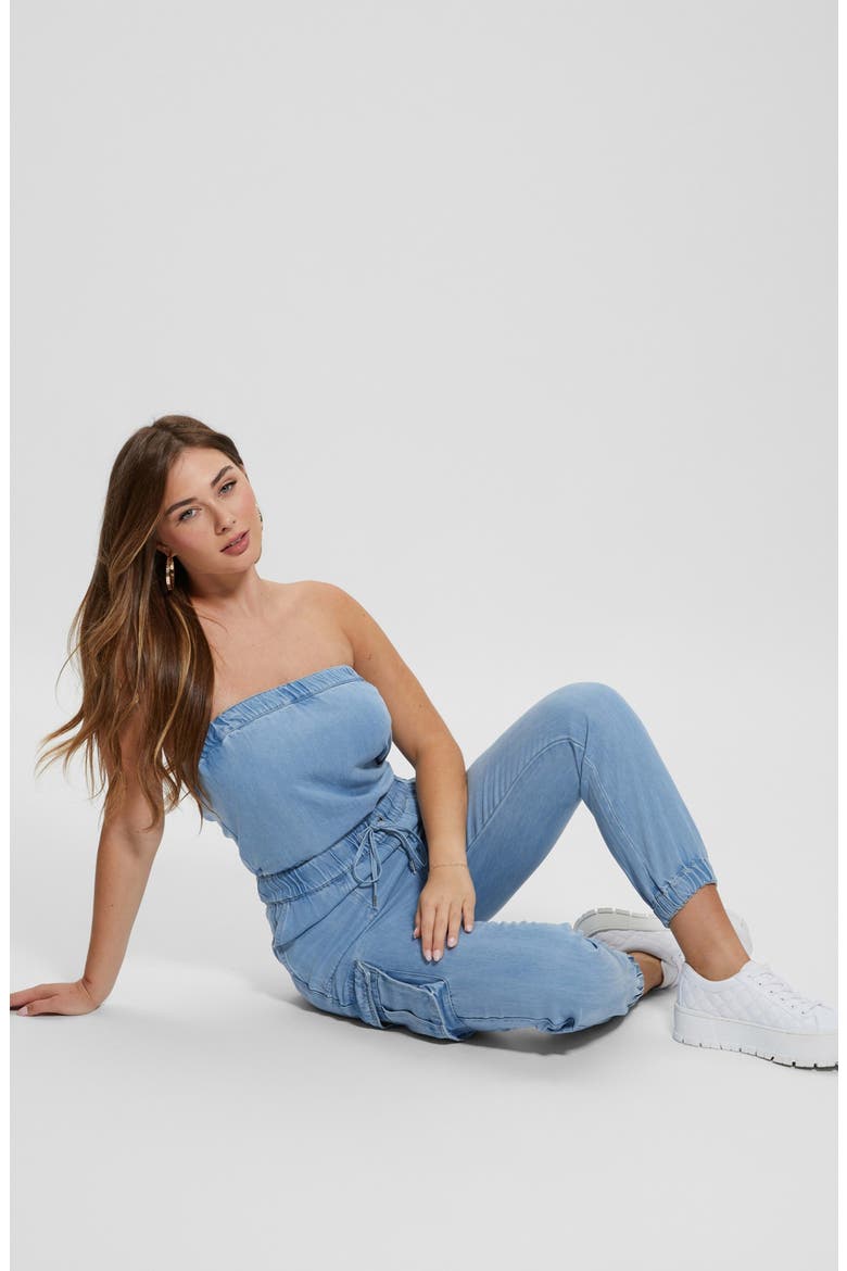 Lucia Strapless Denim Cargo Jumpsuit, Alternate, color, TAZI