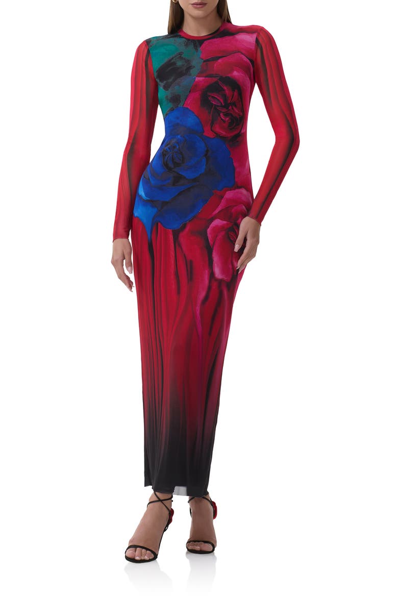 Didi Printed Long Sleeve Mesh Maxi Dress, Main, color, MULTI BLUR ROSE