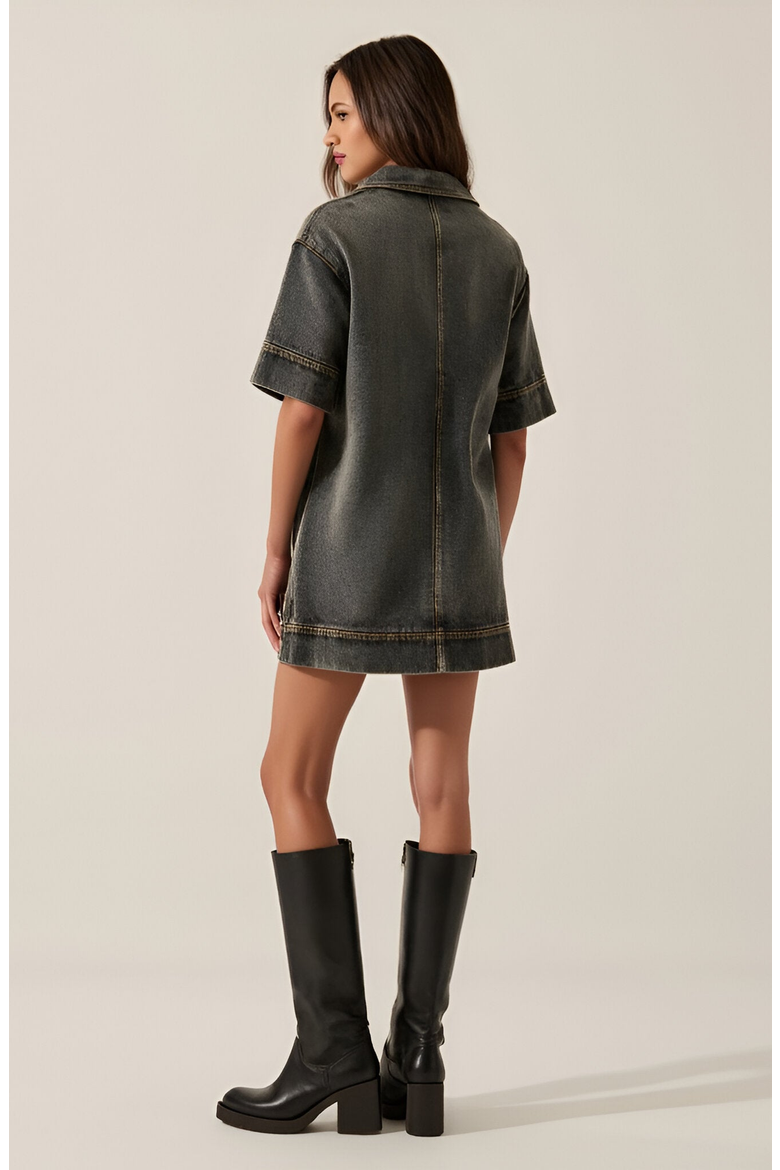 Solid Denim Mini Shirt Dress with Collared V-Neck, Short Sleeves and Chest Flap Pockets, Alternate, color, Washed Black