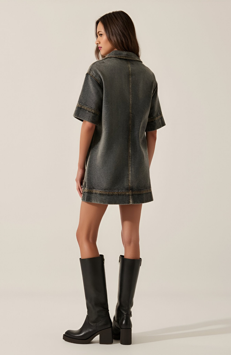 Modenaire Solid Denim Mini Shirt Dress with Collared V-Neck, Short Sleeves and Chest Flap Pockets, Alternate, color,