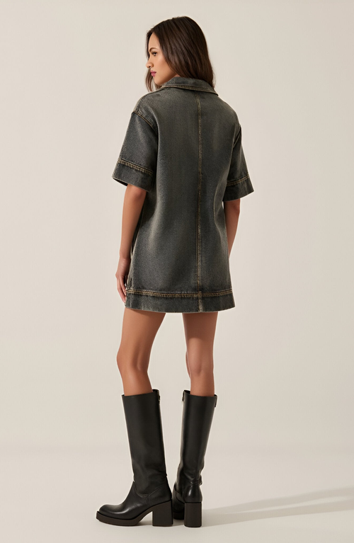Modenaire Solid Denim Mini Shirt Dress With Collared V-neck, Short Sleeves And Chest Flap Pockets In Black